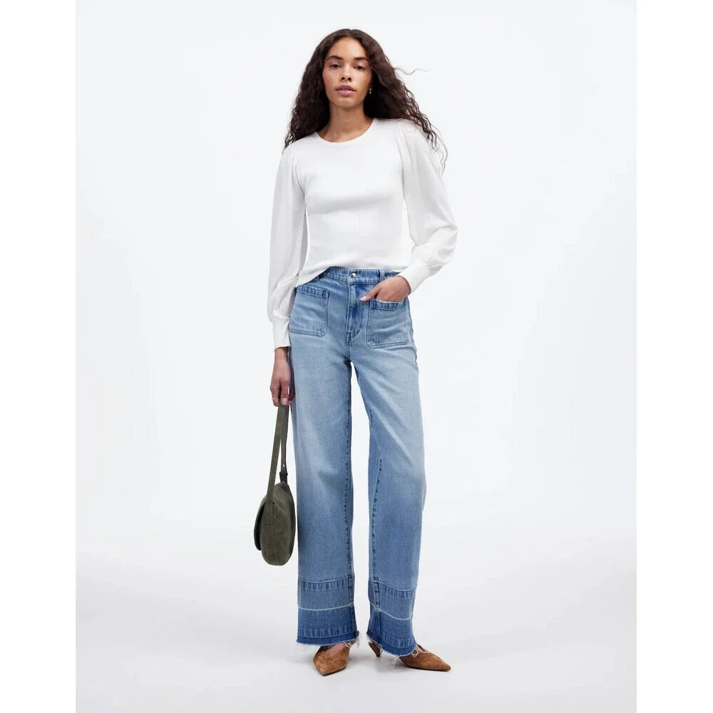 Madewell NU768 Top Womens Small White Cotton Ribbed Puff Sleeve Crew Neck RED101
